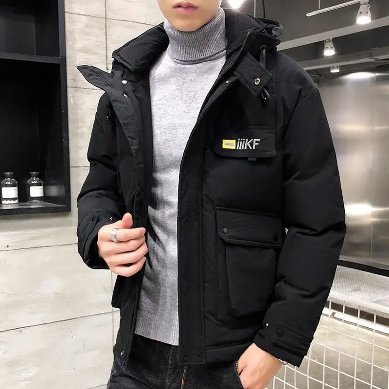 Мужская теплая куртка с капюшоном черная однотонная Повседневная ветрозащитная