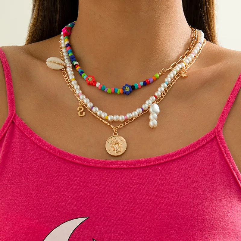 

Geometric necklace for female party with bohemian simple shell imitation pearl beaded color necklace wholesale