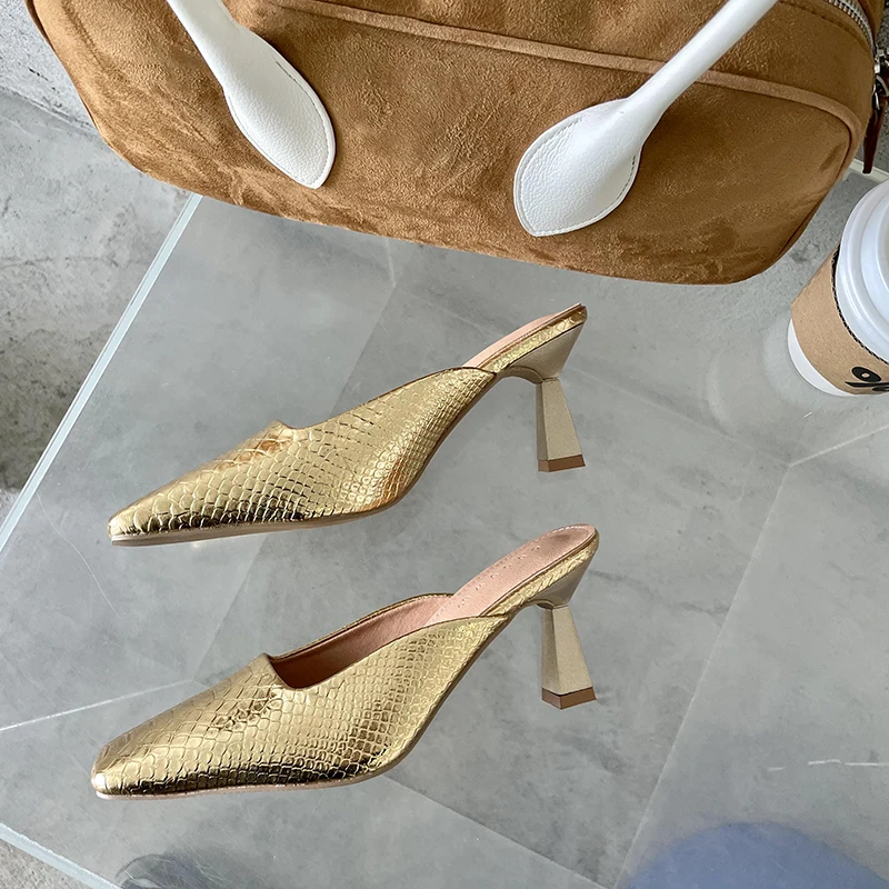 Туфли-лодочки женские на высоком каблуке квадратный носок без застежки шлепанцы