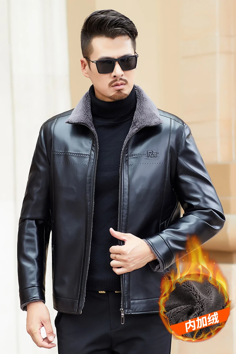 

2020 Autumn and winter leather jacket male middle-aged leather men's fur one plus velvet thick coat top