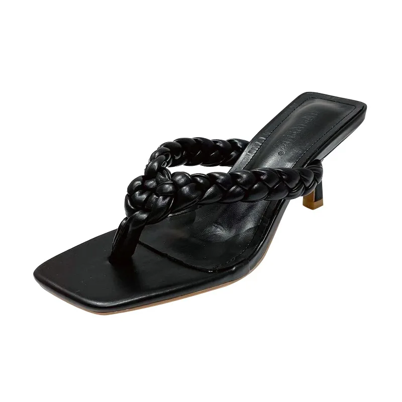 

Thin Heels Female Shoes Ladies' Slippers Rubber Flip Flops Square Toe Heeled Mules Summer Clogs Woman 2021 Hawaiian High Beach S