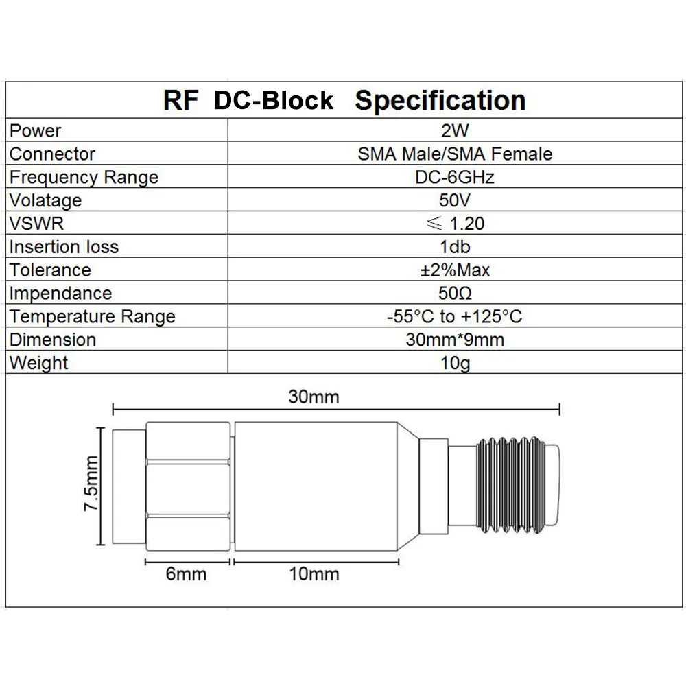 2 Вт постоянного тока-Block (цветовой блок) SMA DC-6.0GHz 50ohm коаксиальный блок SWR 1 DC