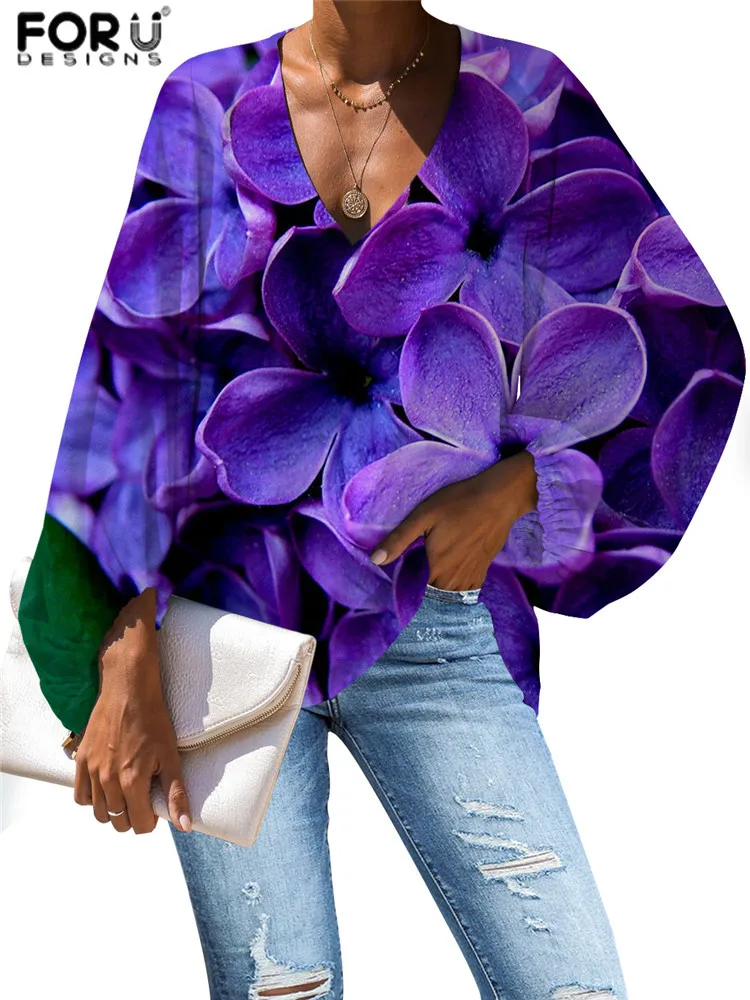FORUDESIGNS-Blusa informal holgada de manga larga para mujer, camisa con estampado de flores 3D, color lila púrpura, cuello en V, envío directo