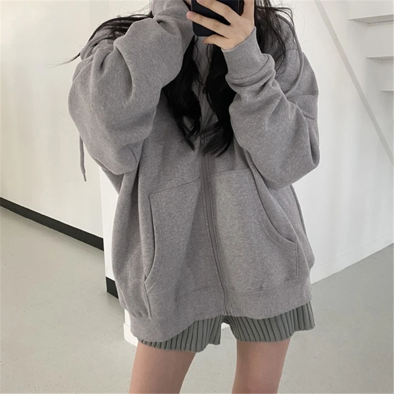 Winter Casual Streetwear Solid Loose Oversized hoodie Harajuku Soft cotton Warm Thin Zipper Y2K Women sweetshirts All-match Top