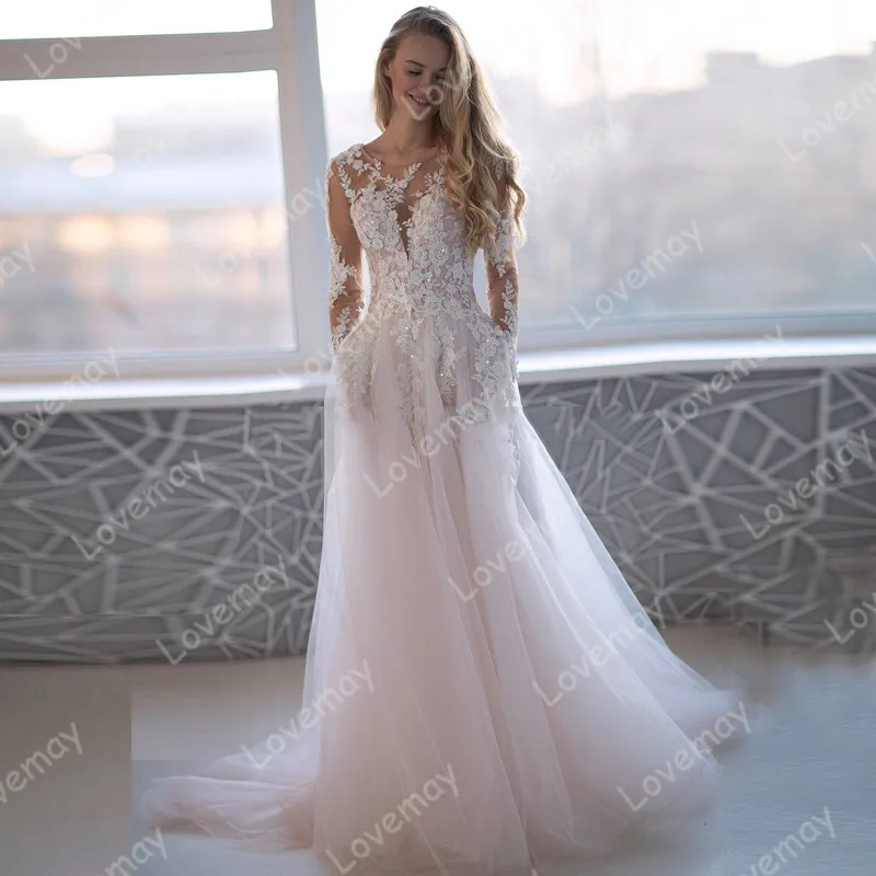 

Pink Tulle Beach Long Sleeves Wedding Dresses 2021 Beading Lace Appliques Scoop Backless Bridal Wedding Gowns Robe De Mariée