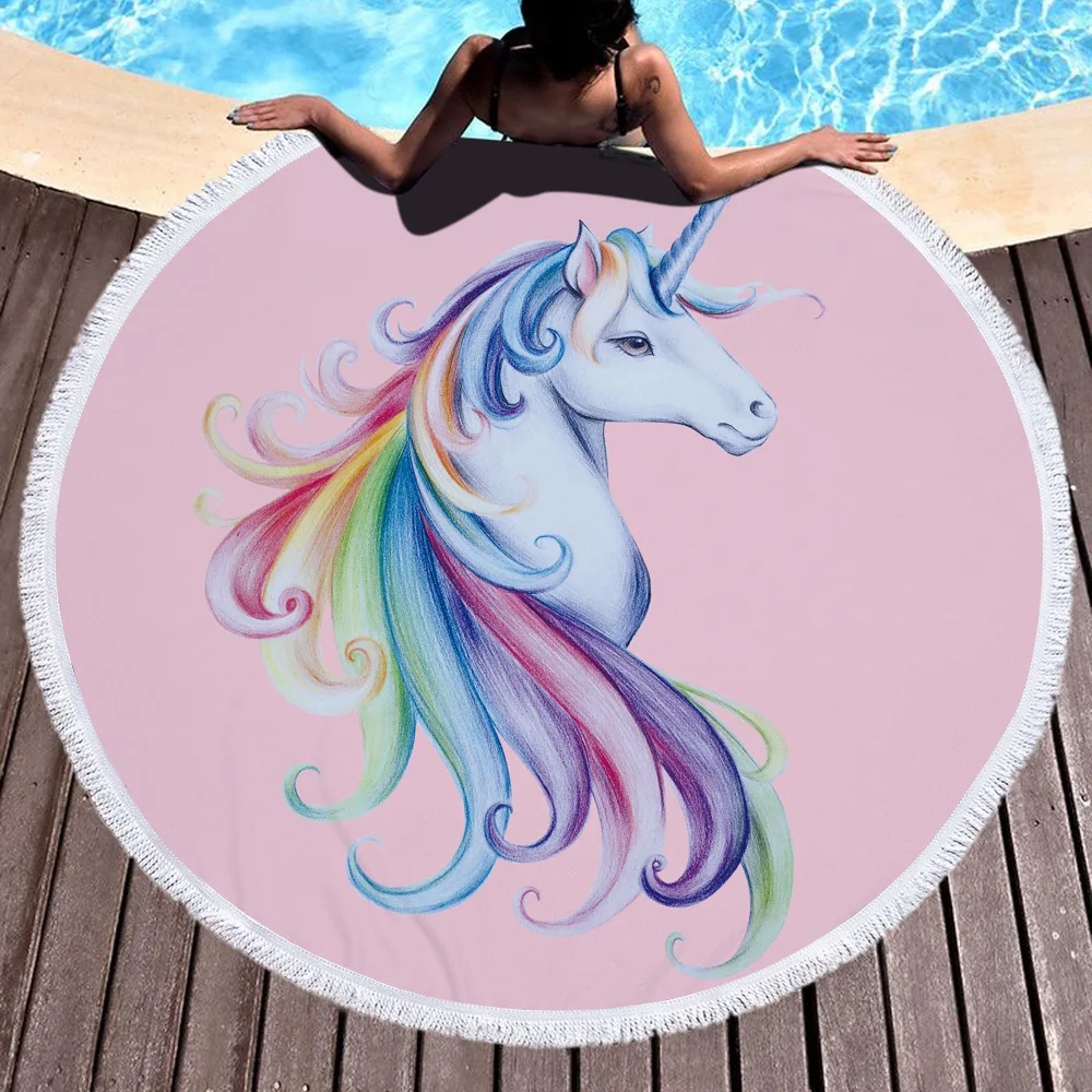 

Cute Unicorn Beach Towel for Girls Women Soft Microfiber Large Round Bath Towel with Fringe Tassels Home Decorative 150x150cmm