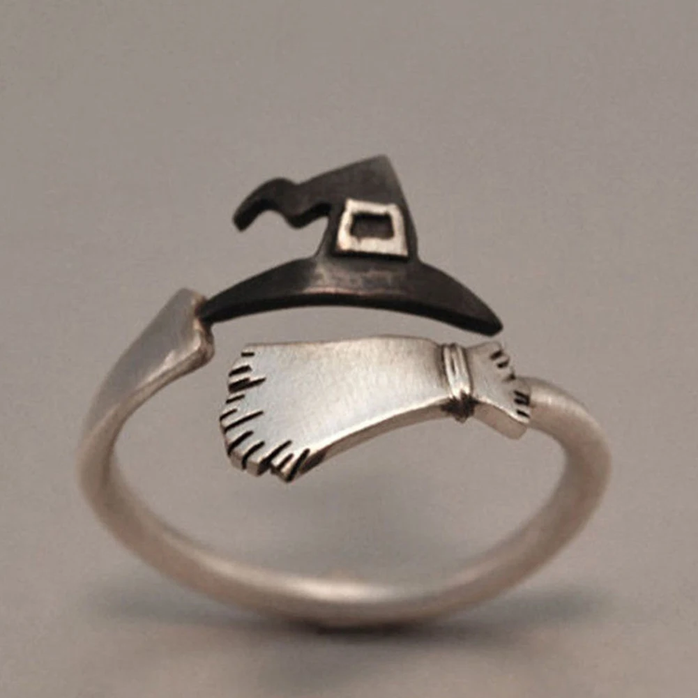 Симпатичная Женская Хэллоуин ведьма шляпа метла открытый перстень регулируемое