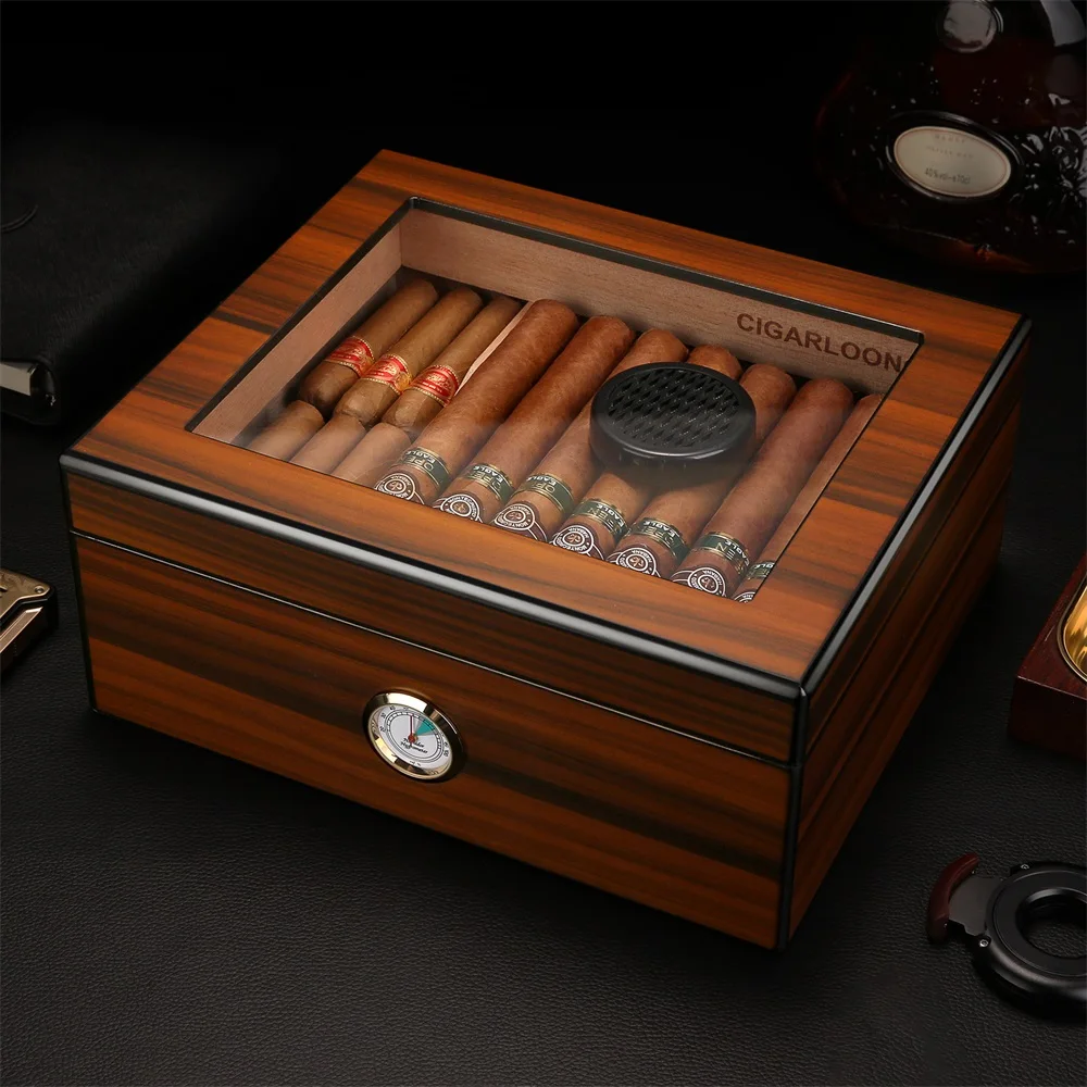 Beautiful Cedar Wood Cigar Humidor Large Capacity For 56pcs Cigar Humidor Glass Top Cigar Box Cabinet Portable Travel Humidor enlarge