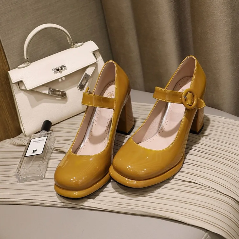 

US4-13 Womens Round Toe Patent Leather Block High Heel Pumps Sandals Retro Creepers Shoes Plus Size 34-48 New 2021