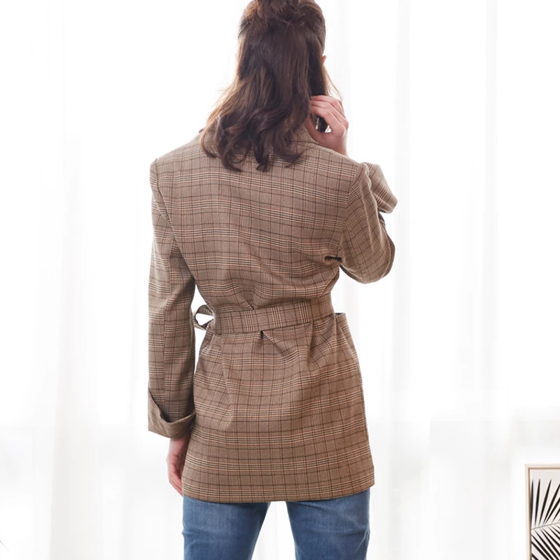 

HStar Spring Women Vintage Jacket Long Split Sleeve Bow Sashes Female Plaid Blazer Loose Jacket Office Lady Feminino