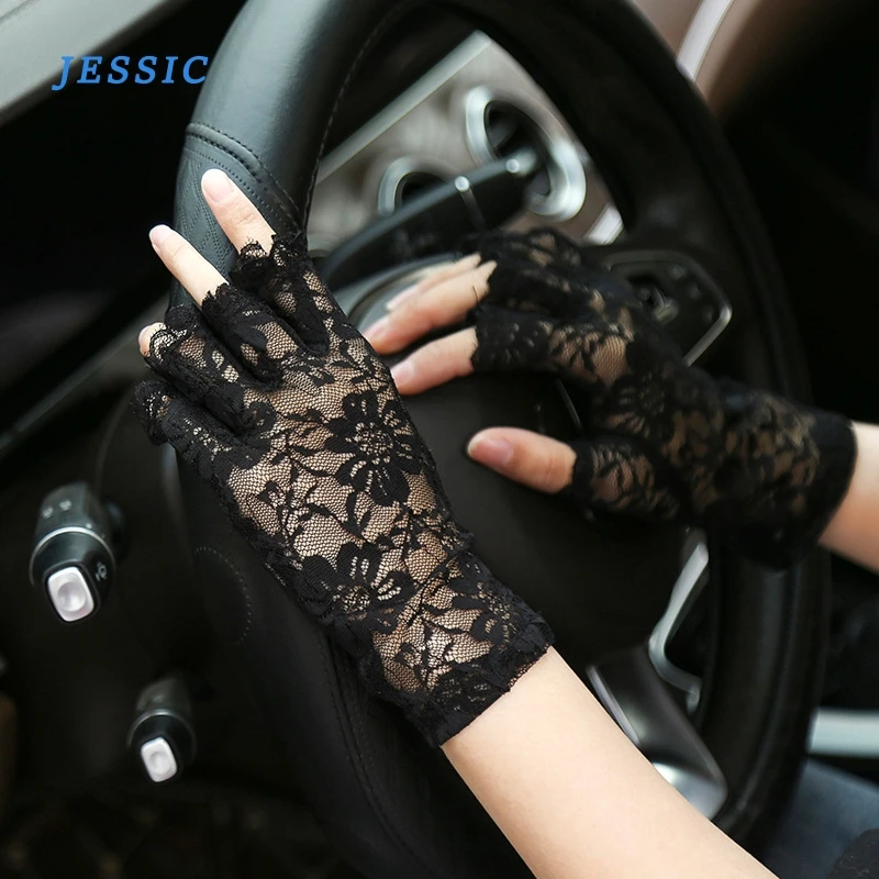 

JESSIC Hot Girl Women Amazing Goth Party Sexy Dressy Lace Gloves Mittens Fingerless Style Thin Black White Gloves