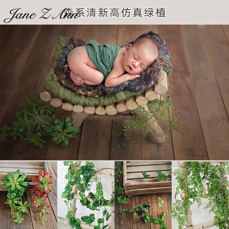 Mori green leaf-enredaderas multicarne, ramas de vid, plantas verdes, simulaci&oacute;n de flores de pl&aacute;stico, accesorios de fotograf&iacute;a para beb&eacute;s y reci&eacute;n nacidos-0