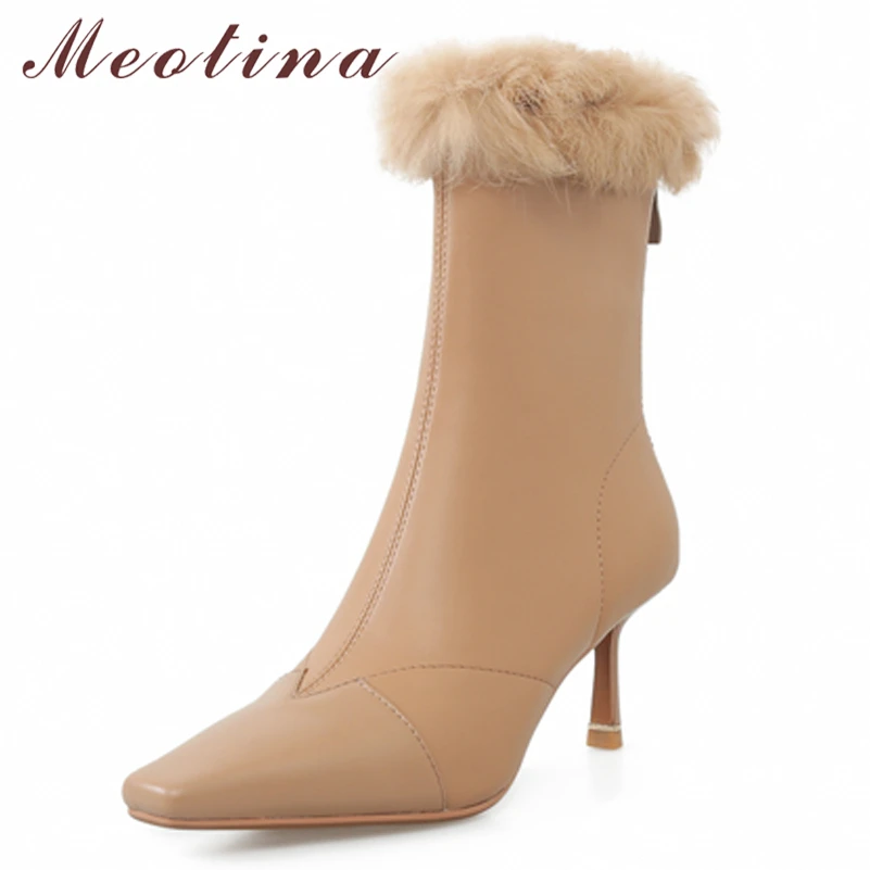 

Meotina Women Genuine Leather Boots Pointed Toe Thin High Heel Ladies Boots Zipper Ankle Boots 2021 Autumn Winter Apricot Black