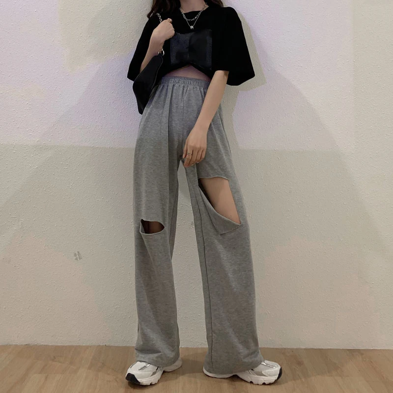 

fashion Solid color Basic Hole pants female high street casual wear 2021 summer office lady loose High waist Harem pants