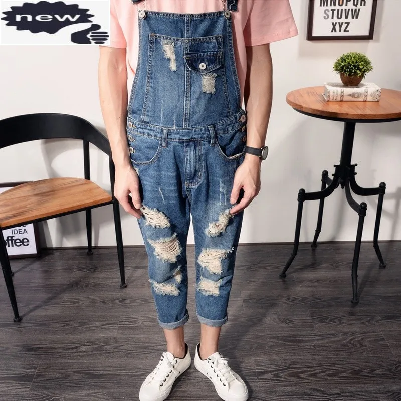 Harajuku Summer Men Hole Ripped Jeans Jumpsuits Plus Size Male Trousers Slim Denim Overalls Retro Casual Cowboys Suspender Pants
