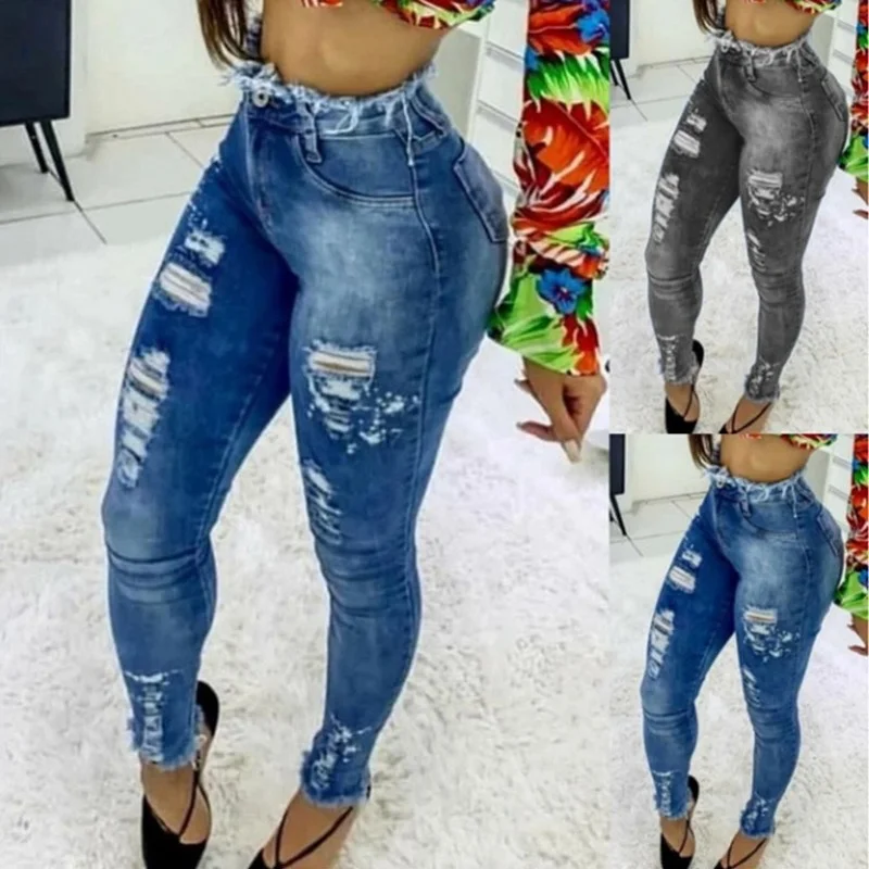 

Donsignet Fashion Women's Jeans New Fall Casual Hot-selling High Street Clothing Solid Color High Waist Slim-fit Ripped Jeans