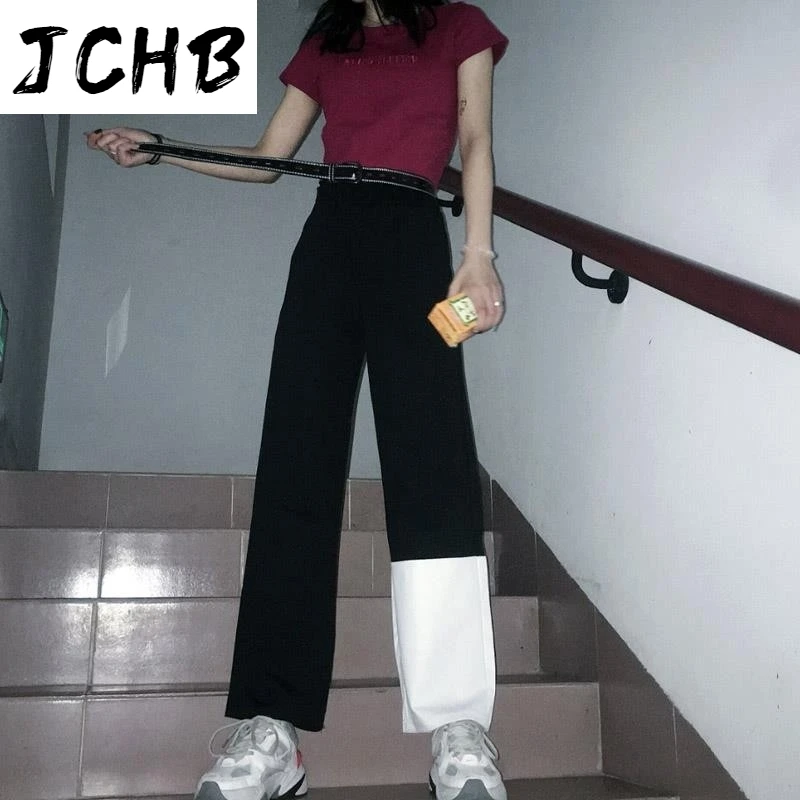 

2021 Harajuku Black White Contrast Patchwork Pant Women Long Pants High Waist Casual Streetwear Loose Casual Lady Clothes