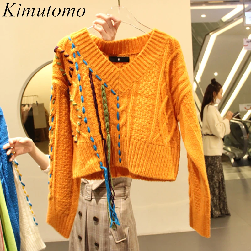

Женский Повседневный свитер Kimutomo, Новинка осени 2021, корейский стиль, свободный Универсальный Короткий трикотажный пуловер контрастных цве...