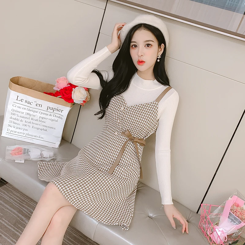 

Женский элегантный комплект из двух предметов, корейский Модный трикотажный топ и однобортное твидовое мини-платье без бретелек с бантом н...