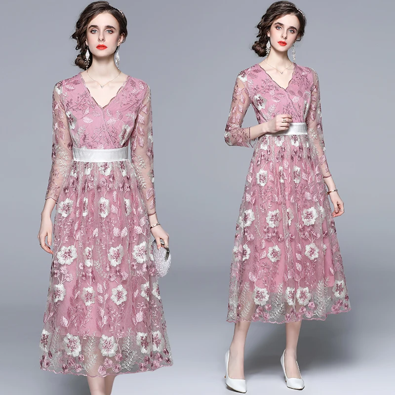 JSXDHK Шикарное женское розовое платье с цветочным принтом, новинка весна 2022 года, V-образный вырез, сетчатые цветочные вышивки, платье с высокой талией для вечеринки Vestidos Robe.