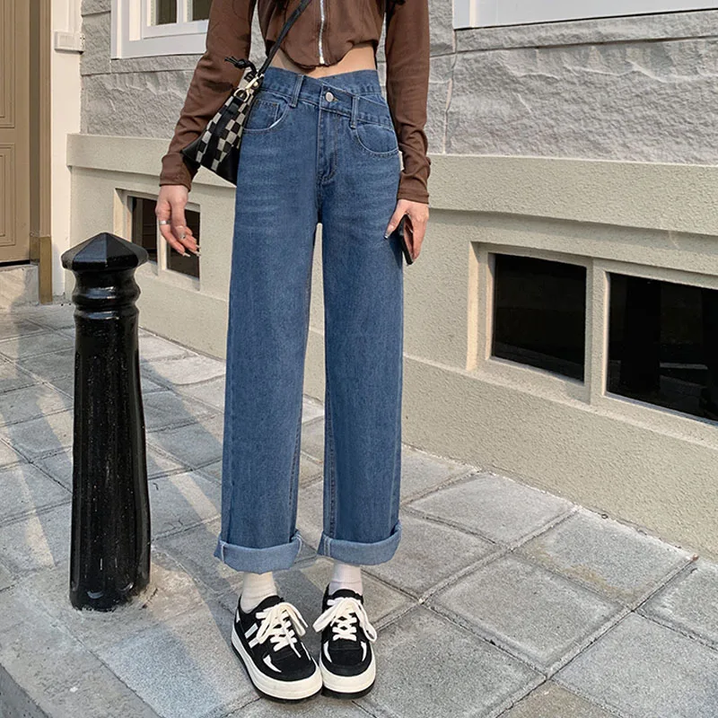 

Осень-зима 2021, новые модные дизайнерские свободные и тонкие джинсы с широкими штанинами, повседневные женские брюки