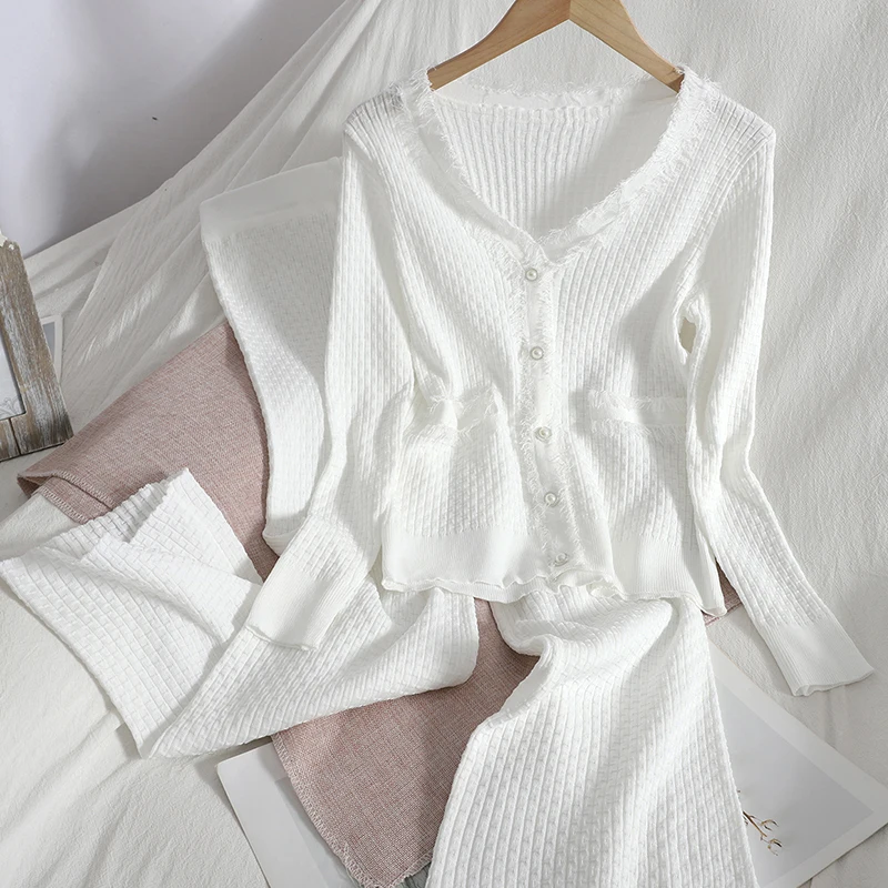 

VANOVICH Korean Japan Style Knitted V-neck Blouse+high-waist Straight-leg Pants Sets 2022 Spring and Autumn New