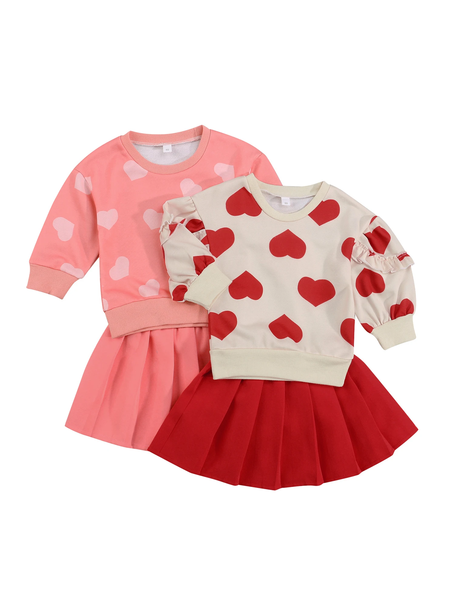 

Girls Casual Two-piece Clothes Set, Heart Printed Pattern Round Collar Pullover and Skirt, Pink/ Red