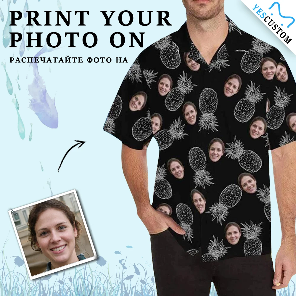 

YesCustom T-Shirt Pineapple Black Custom Face Cardigan Beach Tee Printed Soft Party Hawaiian Shirt Blouses Tops Pet Lover