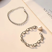simple and irregular imitation pearl double pendant bracelet punk personality design metal thick chain ladies accessories