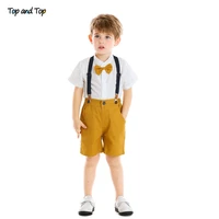 top and top summer kids boy casual clothes set cotton short sleeve bow tie tops suspender shorts children gentleman suit