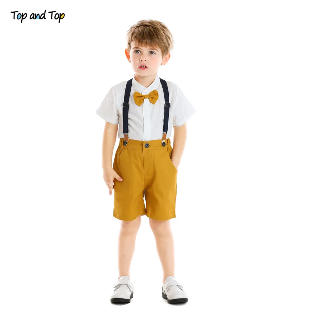 Top and Summer Kids Boy Casual Clothes Set Cotton Short Sleeve Bow Tie Tops+ Suspender Shorts Children Gentleman Suit |