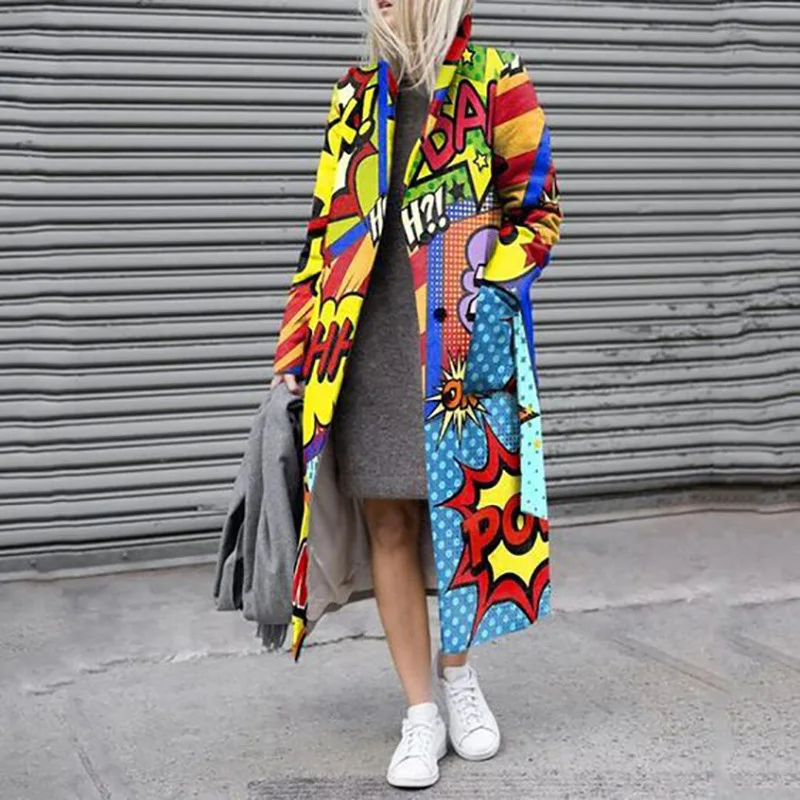 

Women Elegant Lapel Winter Windbreaker Jackets Loose Casual Long Sleeve Outerwear Fashion Letter Pattern Print Long Trench Coats