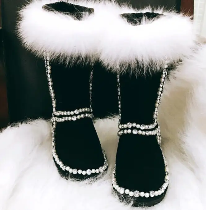 Зимняя Теплая обувь с лисьим мехом высоким голенищем из кожи женские Стразы