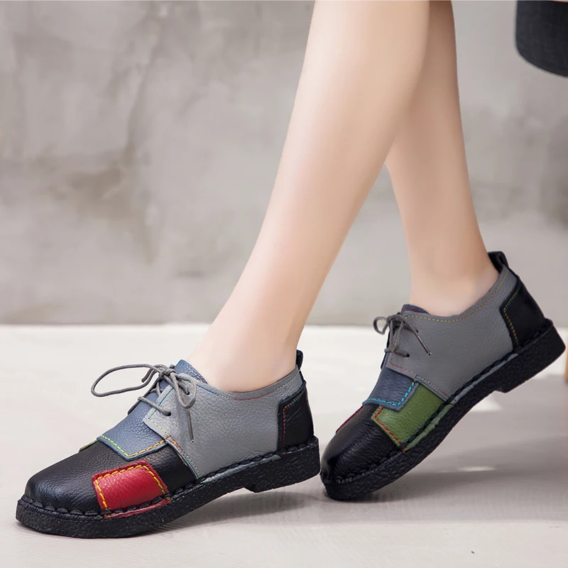 Handmade Women's Shoes Genuine Leather Lace-Up Loafers Patches Stitching Soft Comfortable Casual Women Flats | Обувь