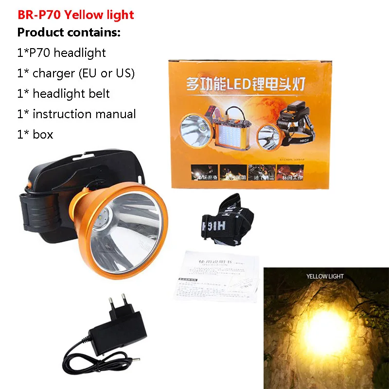 BR-P70 yellow light Фара cree xhp70 или xhp50 со встроенными лампами 6*18650 литиевая батарея Прямая зарядка охотничий фонарик светодиодный налобный фонарь - Испускаемый цвет: BR-P70 yellow light