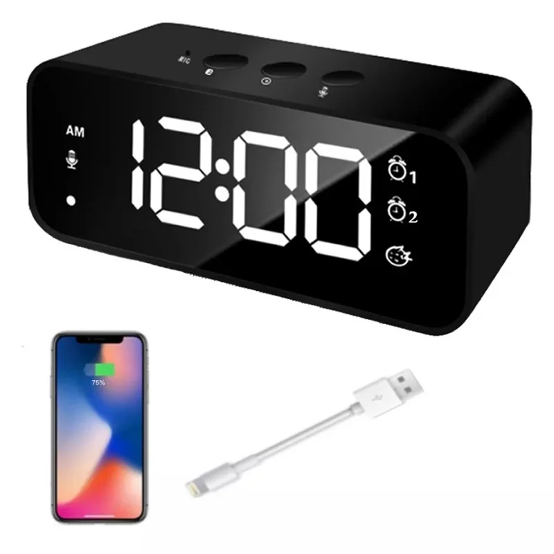 

LED Electric Alarm Clock Rechargeable Mirror Sound Recording Multi-Function Music Clock Digital Time Bedroom Desk Table Decor