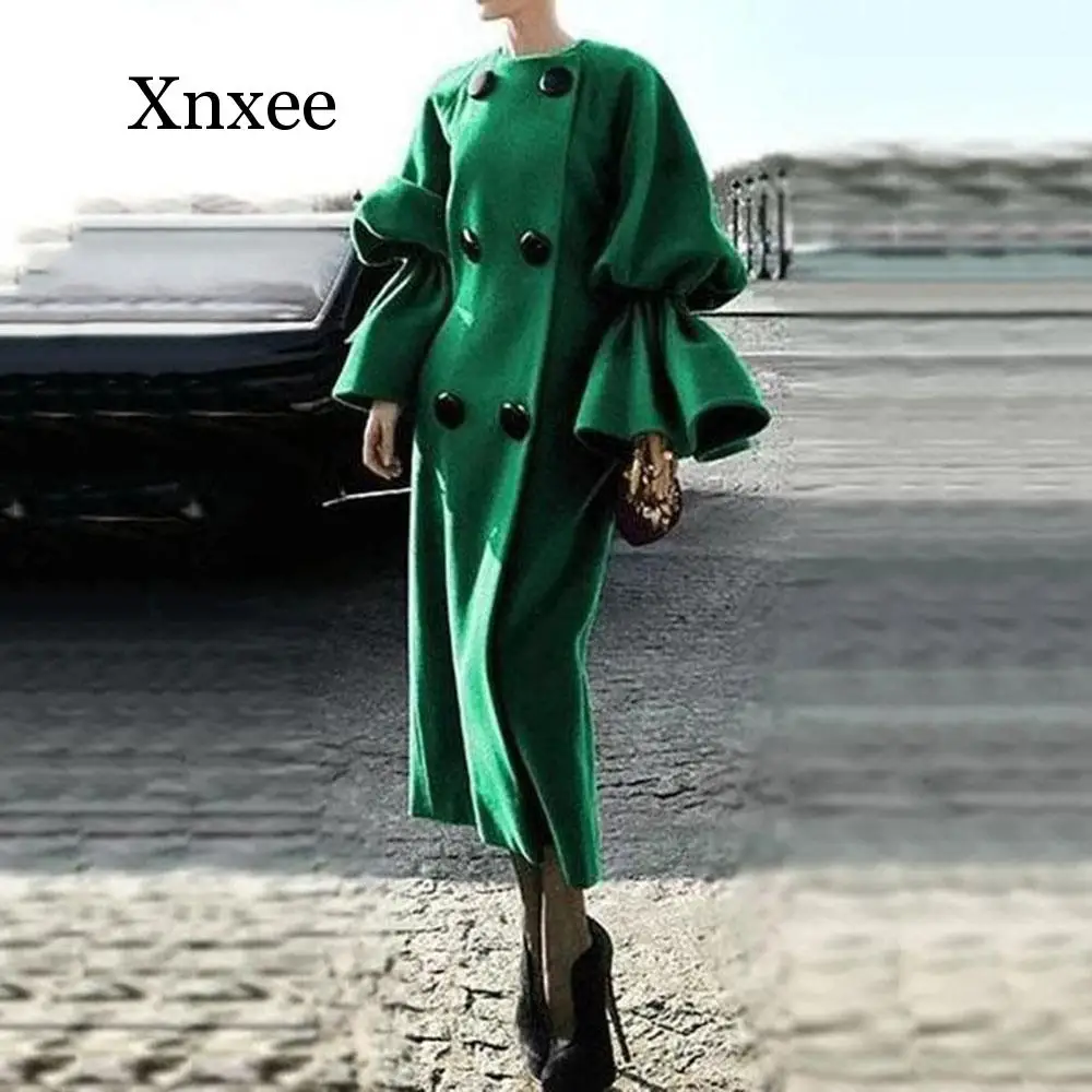 

Green Autumn Winter Long Coat Women Elegant Double Breasted Plus Size Trench Coat Casual Woolen Overcoat Female