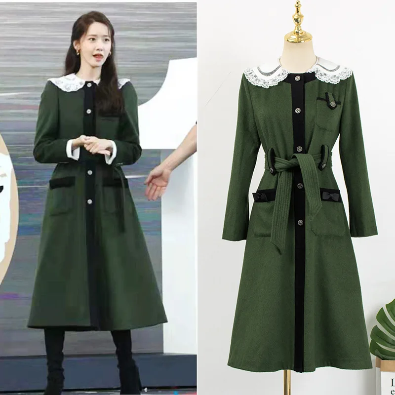 

Kpop Korean Celebrity Winter New Elegant Long Woolen Warm Trench Women High street Fashion Single-Breasted Lace-Up Windbreaker