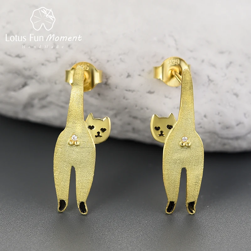 

Lotus Fun Moment 18K Gold Unusual Long Naughty Kitten Cat Stud Earrings for Women 925 Sterling Silver Original Jewelry s