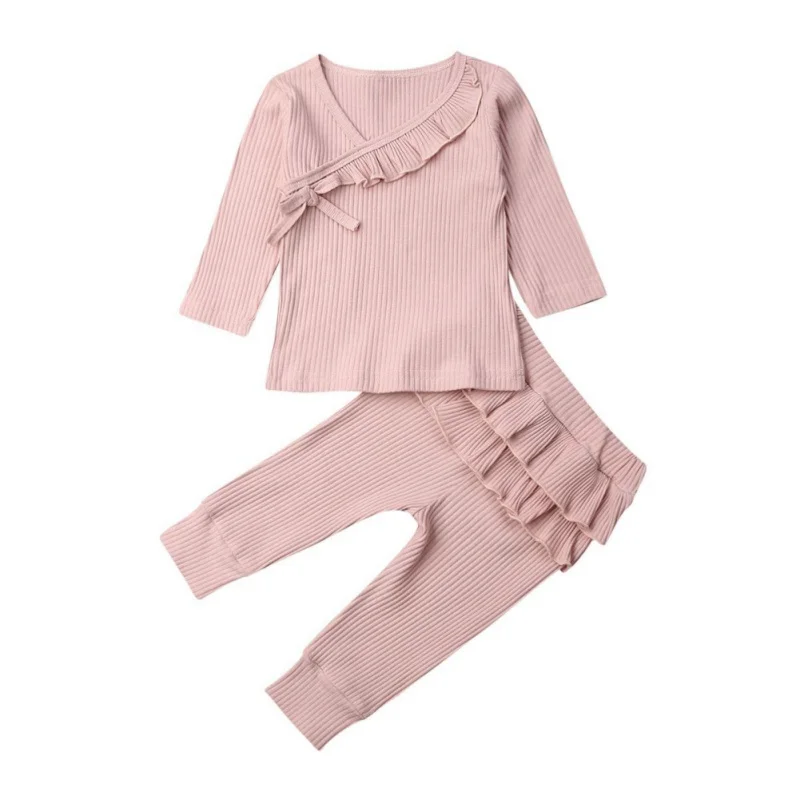 

Two Piece Toddler Infant Baby's Set Two Piece Long Sleeved Trousers Boys Girls Ruffled Solid Color Shirt Pants