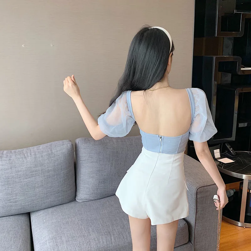 

2021 summer Fashion casual women Short sleeve mesh stitching puff sleeve top + diamond button high waist shorts 2-piece sets