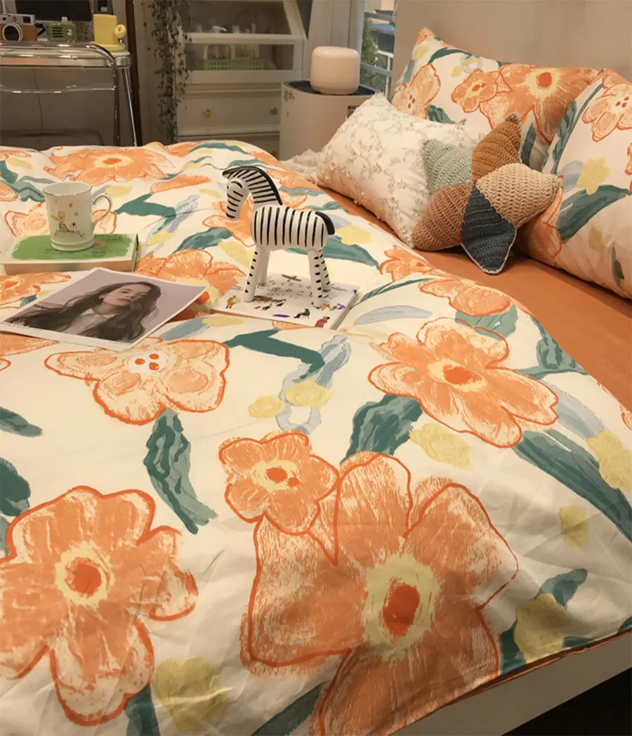 

Sweet cute orange floral bedding set,flower single double cotton twin full queen home textile bed sheet pillow case quilt cover
