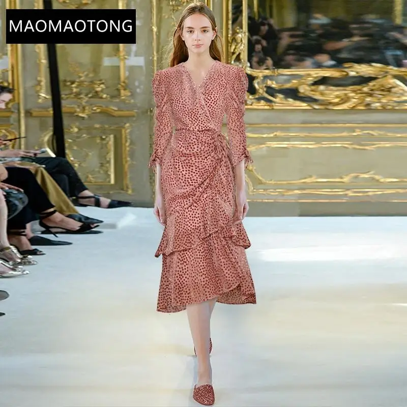 

Fashion Designer Dress Spring Autumn Women's Velvet Dress V Neck Dot Ruched Cascading Ruffle Asymmetrical Dresses