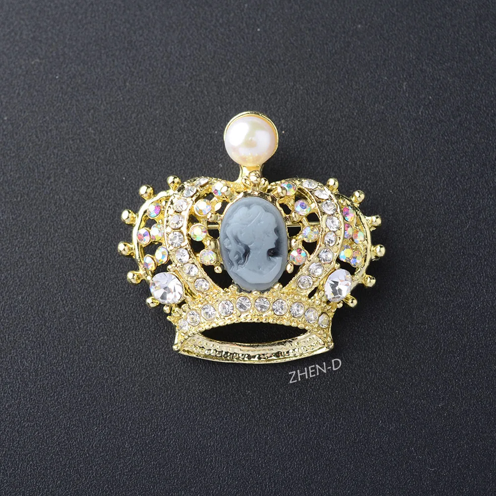 

ZHEN-D Jewelry Gold color Imperial-Crown Shaped King Queen Style Gift Brooch Pin Freshwater Pearl Crystal Wedding Pin