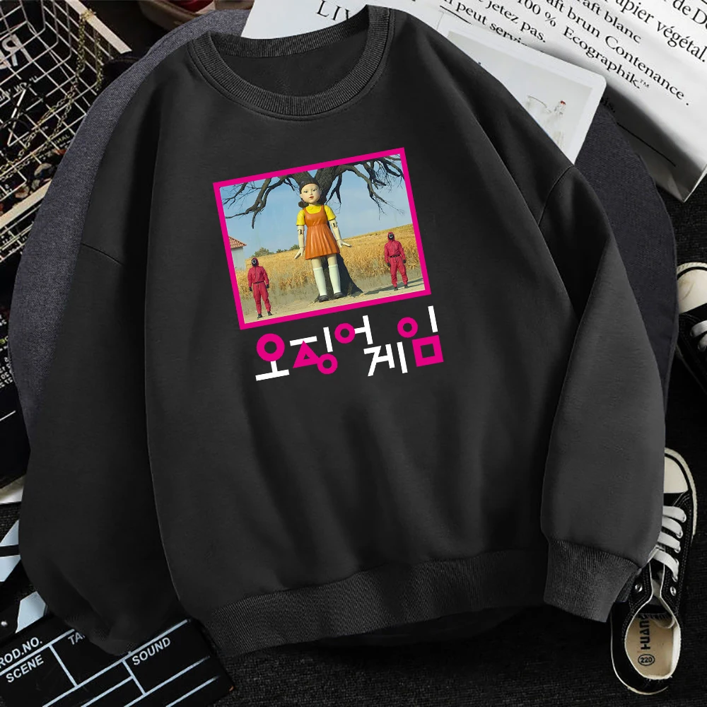 

Толстовка мужская с принтом игры кальмар, Флисовая теплая уличная одежда, свободный мультяшный пуловер в стиле хип-хоп, худи с графическим п...