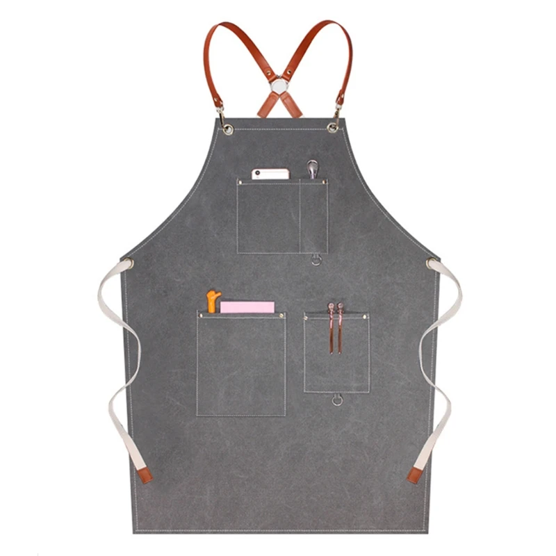 

W0YF Canvas Bib Chef Apron with Pocket Cross Back Adjustable Apron for Wood Craftsman
