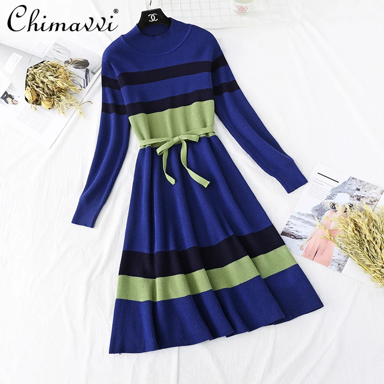 

2021 Spring Autumn Knitted Dress for Women Inner Wear Base Long Sweater Dress Female Long Sleeve Over Knee Dress