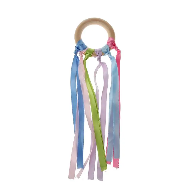 

Rainbow Natural Wooden Ribbon Ring Baby Teether Newborn Sensory Toy Shower Gift