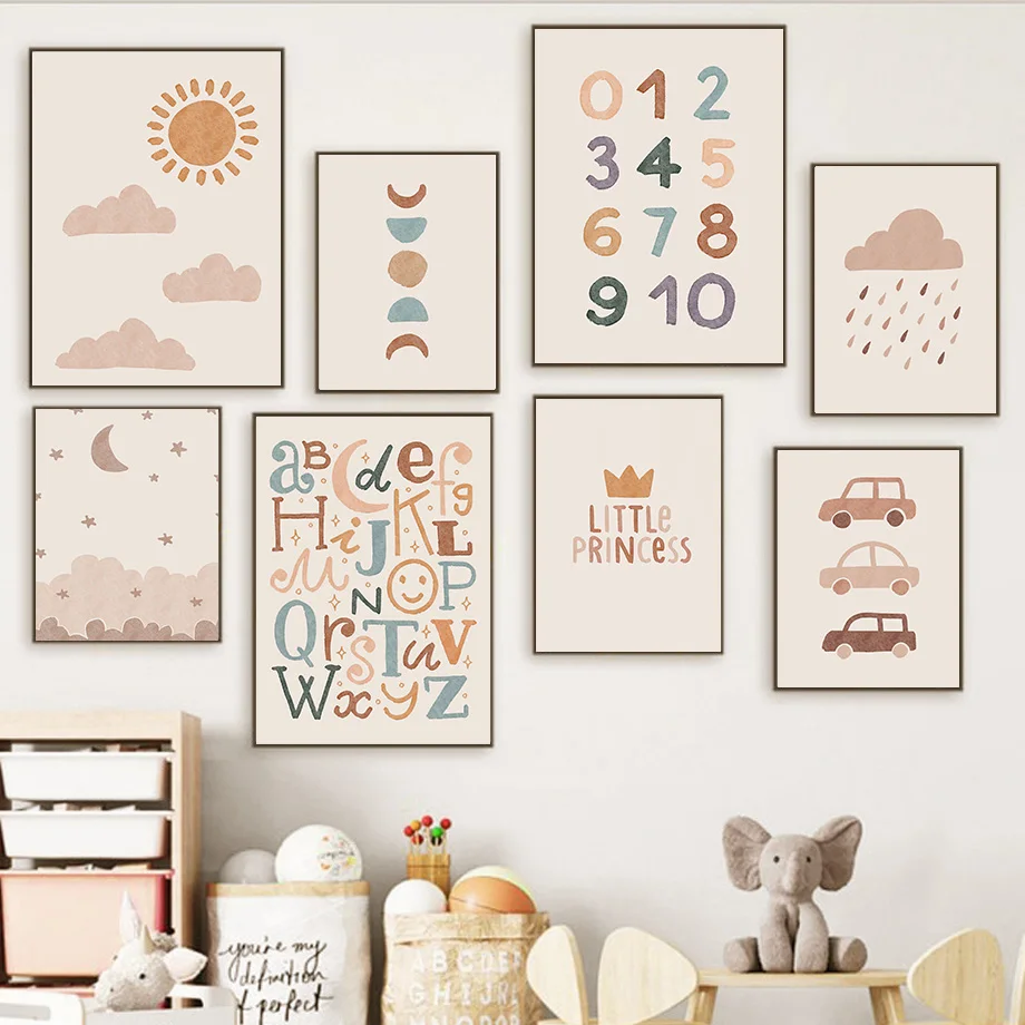 

Numbers ABC Sun Moon Clouds Stars Nursery Wall Art Canvas Nordic Posters And Prints Wall Pictures Baby Kids Room DecorPainting