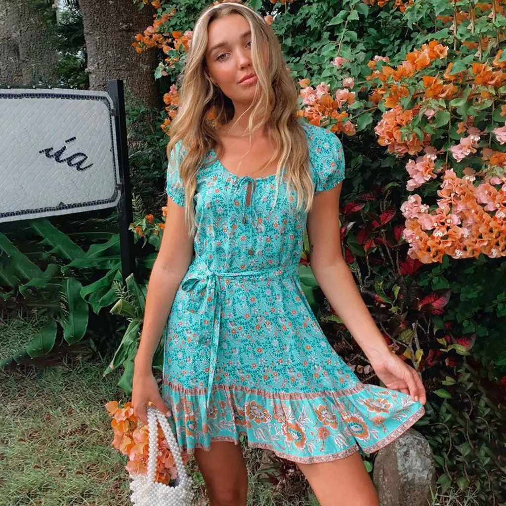

Jastie V-Neck Women Summer Dress Chic Floral Print Short Sleeve Beach Mini Dresses Fad Fashion Boho Dress For Women Dresses